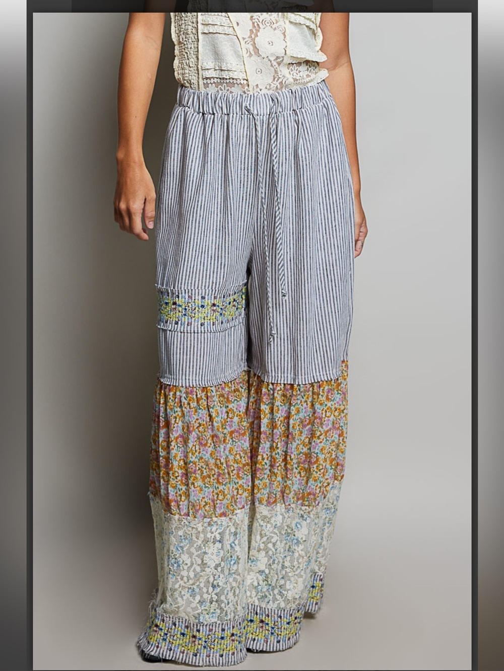 Bohemian Patchwork Wide-Leg Striped and Floral Pants - Picture 3 of 7